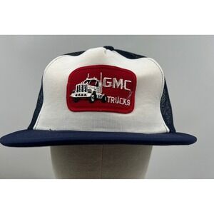 Vintage GMC Trucks Trucker Hat Mesh Snapback Navy Blue White Foam Patch Ball Cap